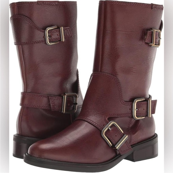 Vince Camuto Women's Alicenta Moto Buckle Brown/Red Leather Boots Sz 10